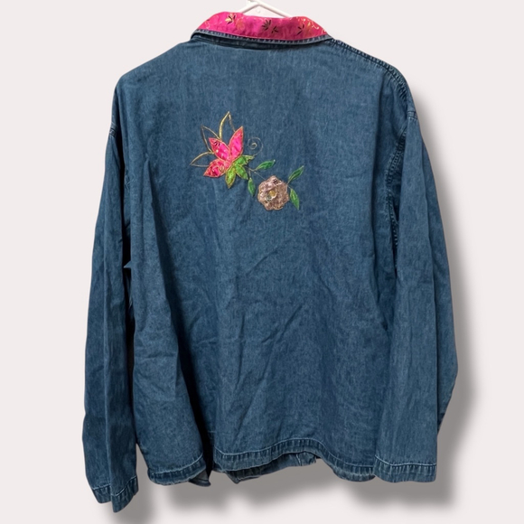 Carolina Blues Plus Denim Jacket 20W Embroidered Floral Boho Pink Collar - Picture 7 of 16